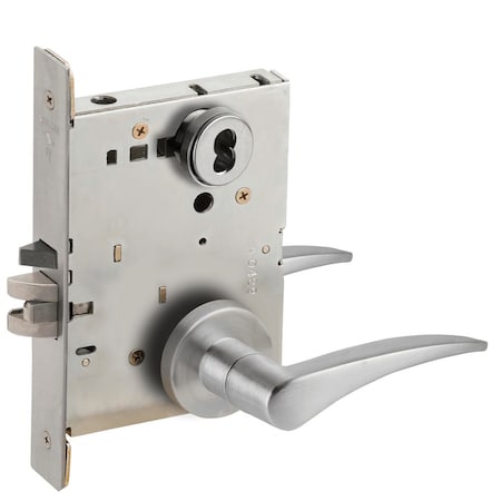 Grade 1 Storeroom Mortise Lock, SFIC Prep Less Core, 12 Lever, A Rose, Satin Chrm Fnsh, Right-Handed